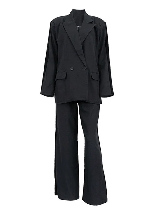 shop style shark Pants - Elegant Black Wide-Leg Pantsuit - Women's Tailored Set